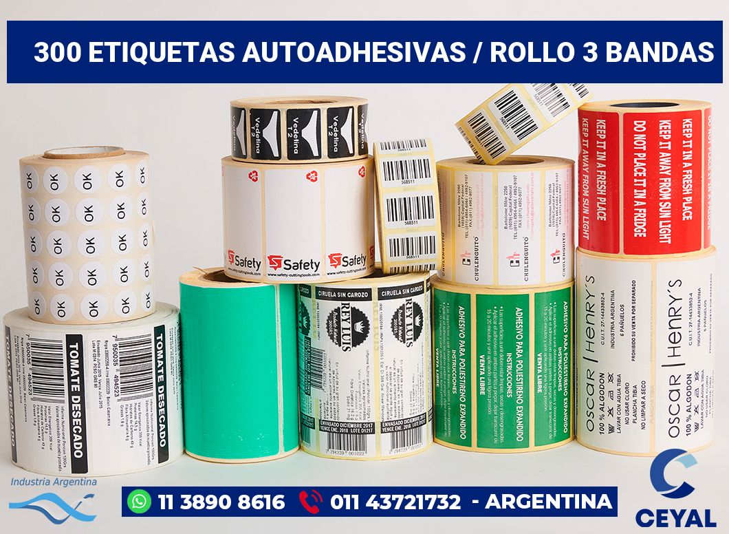 300 Etiquetas autoadhesivas / rollo 3 bandas