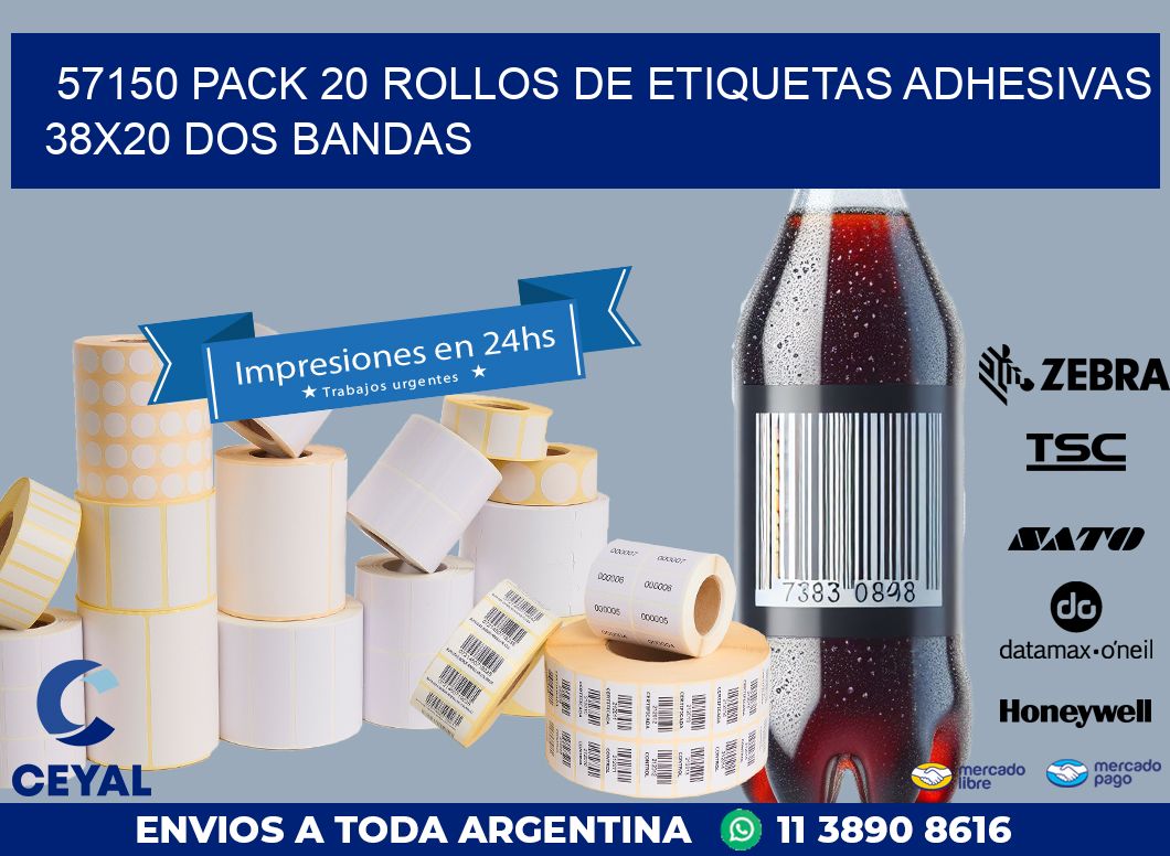 57150 PACK 20 ROLLOS DE ETIQUETAS ADHESIVAS 38X20 DOS BANDAS