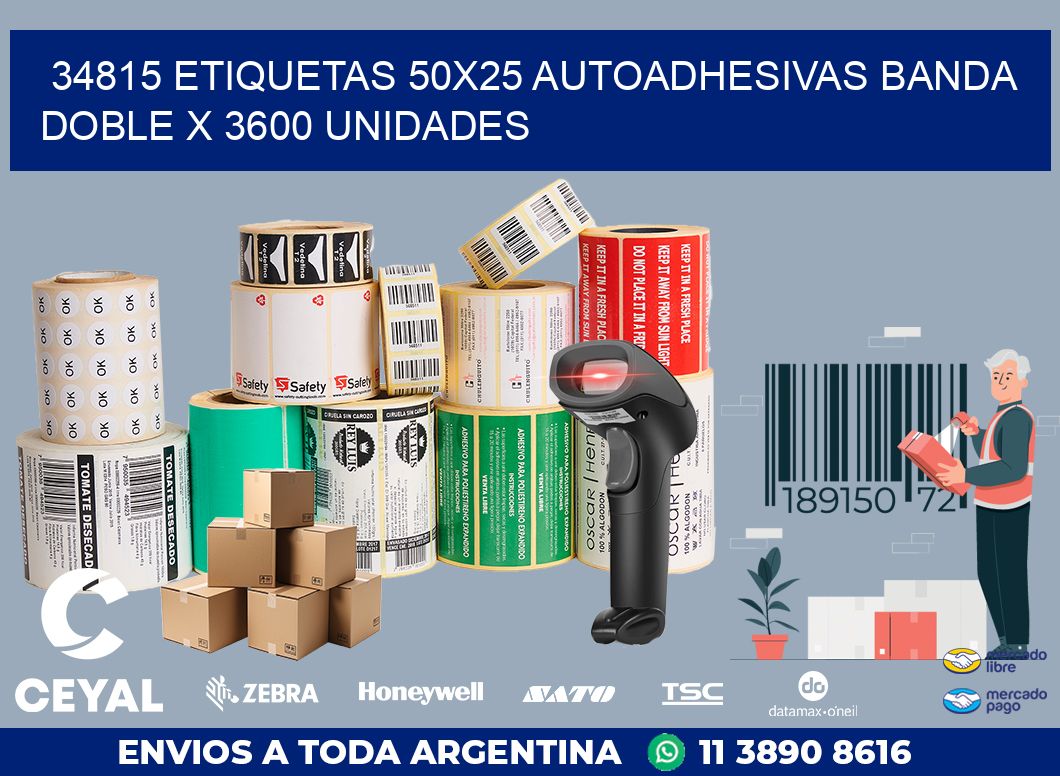 34815 ETIQUETAS 50X25 AUTOADHESIVAS BANDA DOBLE X 3600 UNIDADES