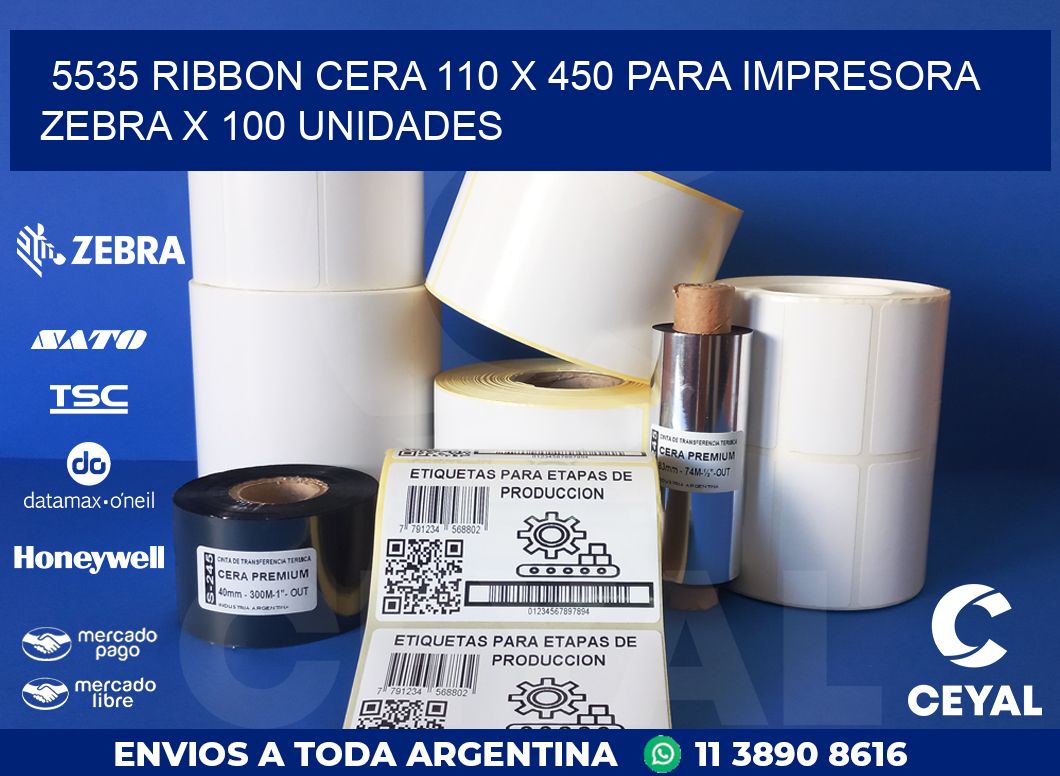 5535 RIBBON CERA 110 X 450 PARA IMPRESORA ZEBRA X 100 UNIDADES
