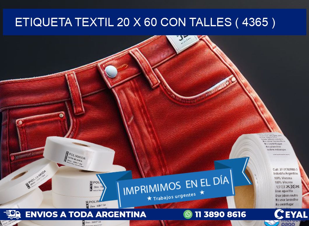 ETIQUETA TEXTIL 20 X 60 CON TALLES ( 4365 )