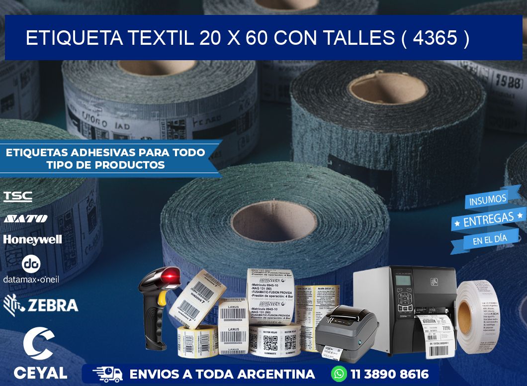 ETIQUETA TEXTIL 20 X 60 CON TALLES ( 4365 )