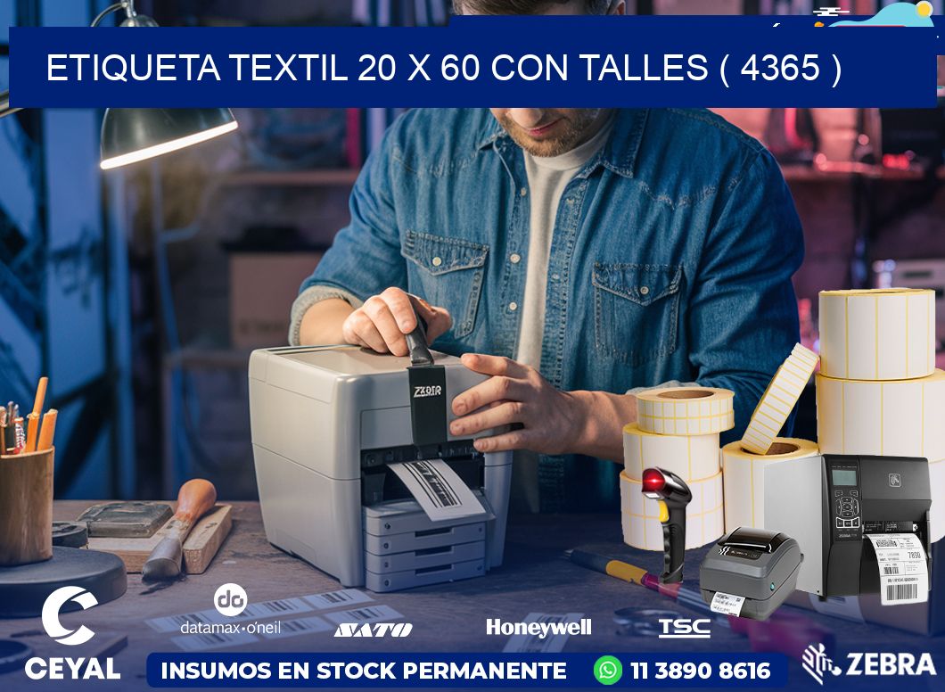 ETIQUETA TEXTIL 20 X 60 CON TALLES ( 4365 )