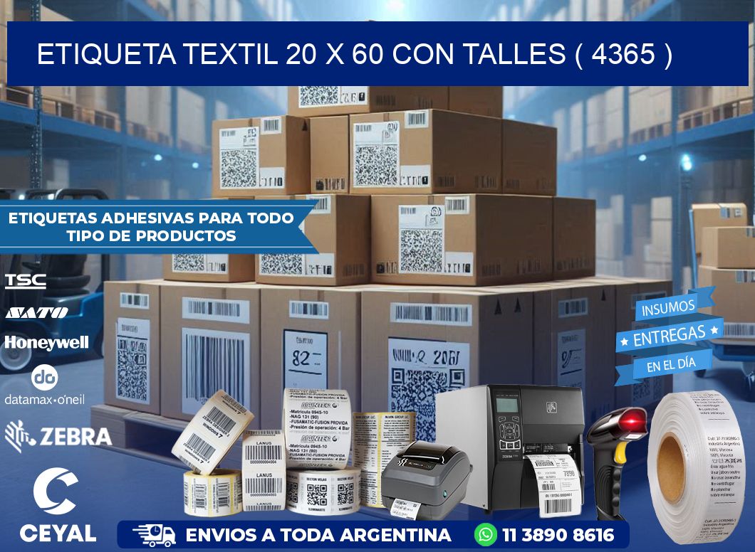 ETIQUETA TEXTIL 20 X 60 CON TALLES ( 4365 )