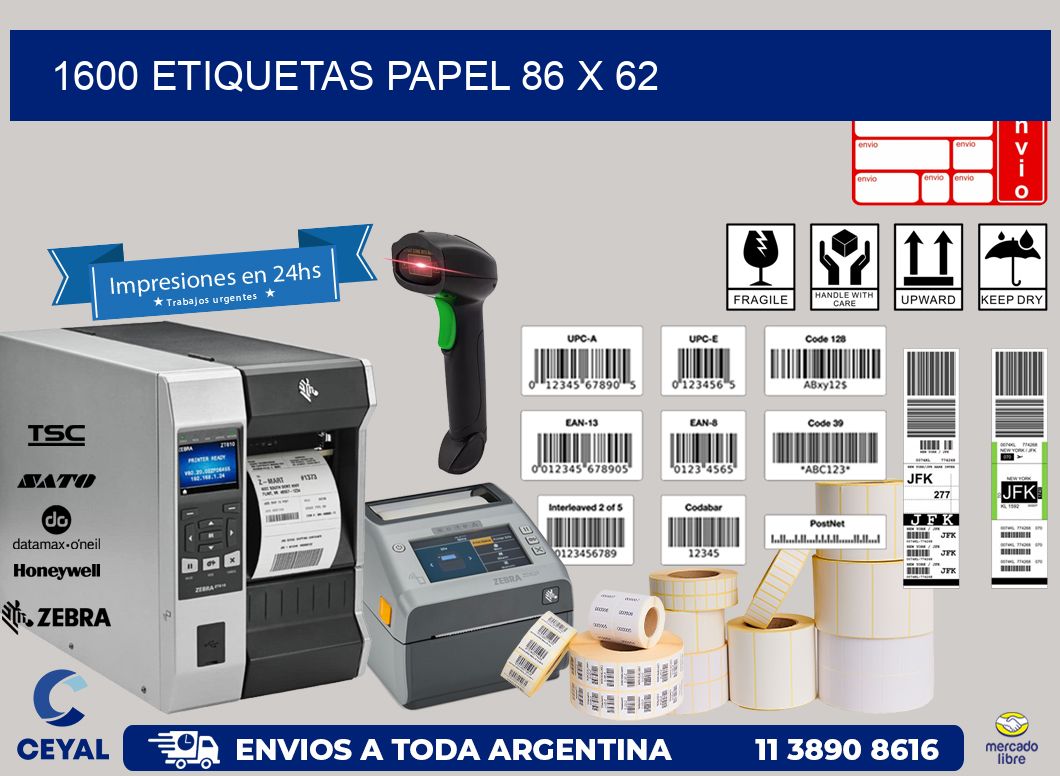 1600 ETIQUETAS PAPEL 86 x 62