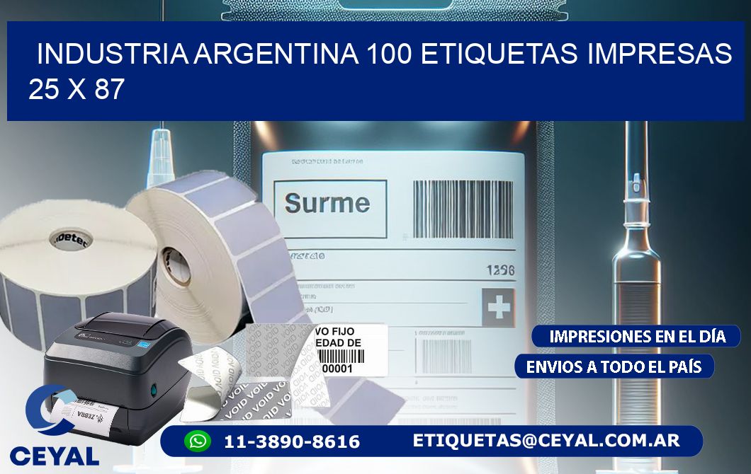 INDUSTRIA ARGENTINA 100 ETIQUETAS IMPRESAS  25 x 87