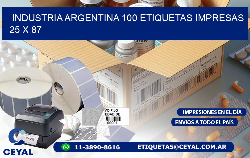 INDUSTRIA ARGENTINA 100 ETIQUETAS IMPRESAS  25 x 87