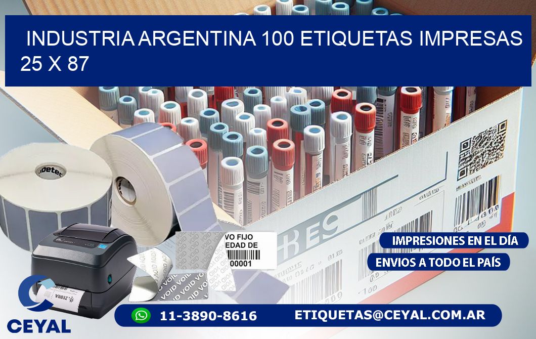 INDUSTRIA ARGENTINA 100 ETIQUETAS IMPRESAS  25 x 87