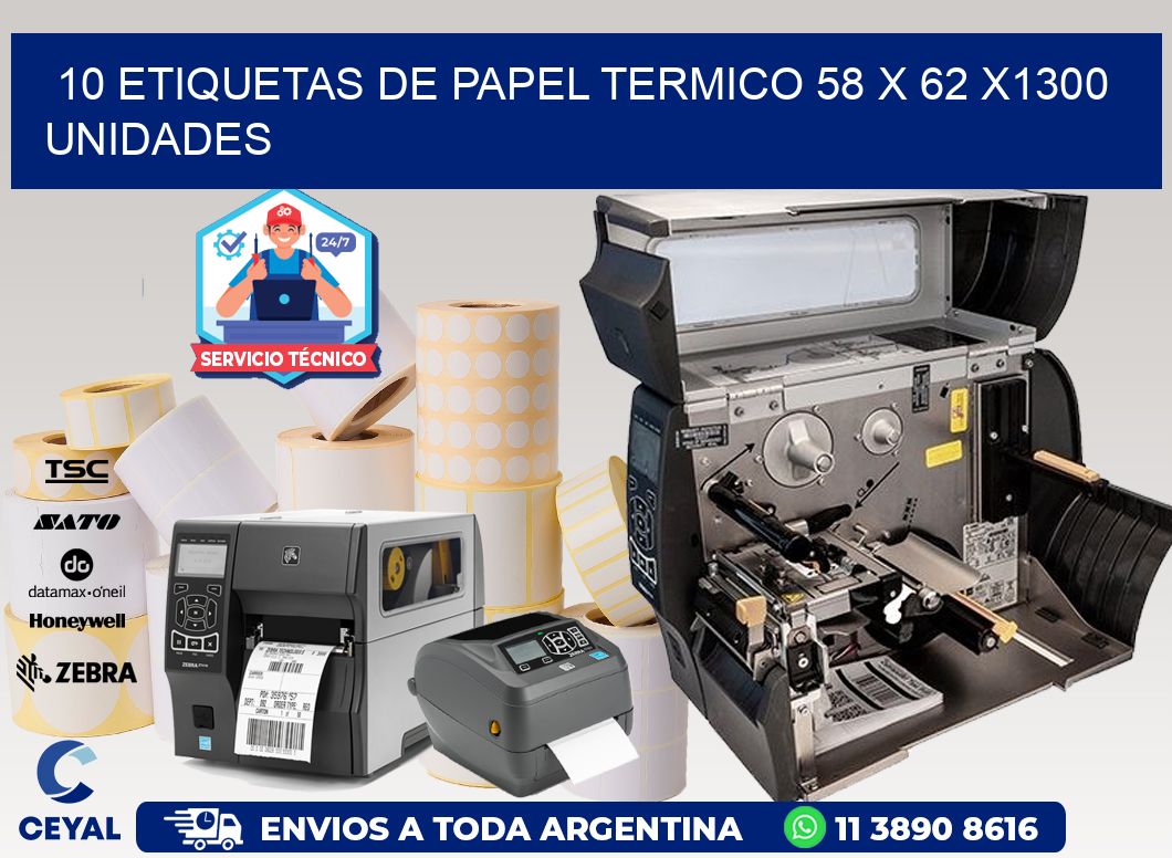 10 ETIQUETAS DE PAPEL TERMICO 58 x 62 X1300 UNIDADES