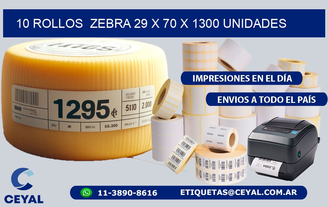 10 ROLLOS  ZEBRA 29 x 70 X 1300 UNIDADES