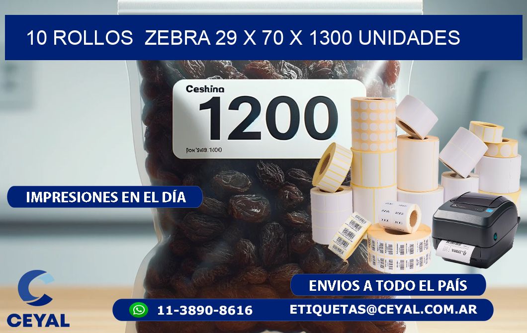 10 ROLLOS  ZEBRA 29 x 70 X 1300 UNIDADES