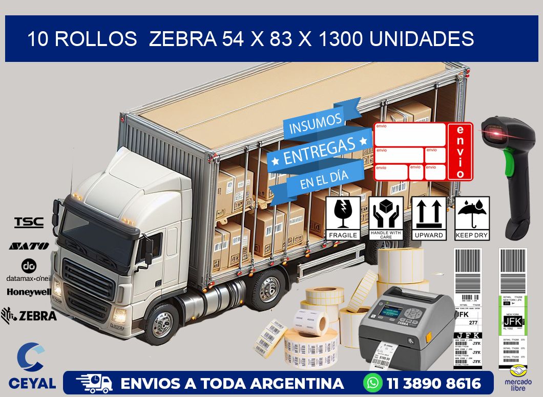 10 ROLLOS  ZEBRA 54 x 83 X 1300 UNIDADES