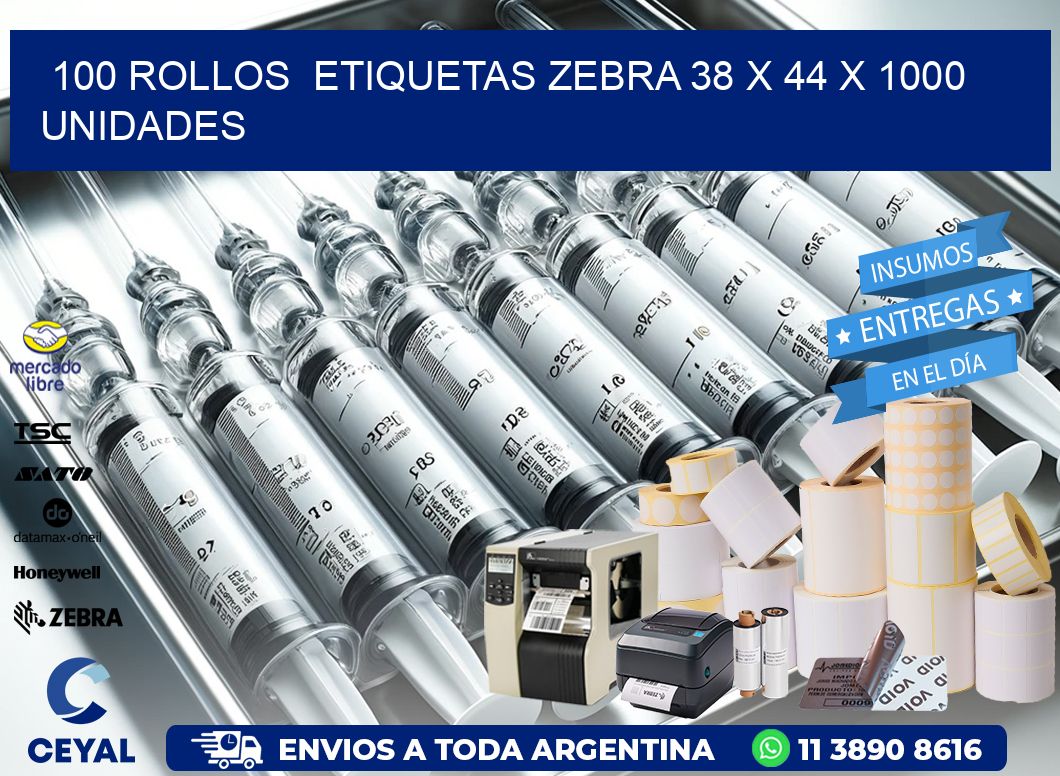 100 ROLLOS  ETIQUETAS ZEBRA 38 x 44 X 1000 UNIDADES