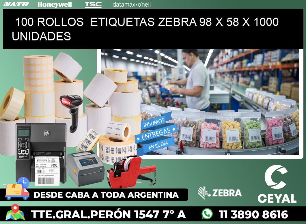 100 ROLLOS  ETIQUETAS ZEBRA 98 x 58 X 1000 UNIDADES