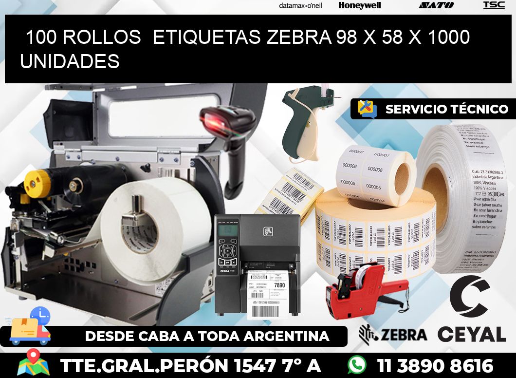 100 ROLLOS  ETIQUETAS ZEBRA 98 x 58 X 1000 UNIDADES