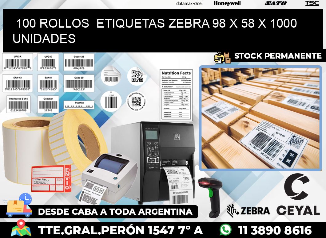 100 ROLLOS  ETIQUETAS ZEBRA 98 x 58 X 1000 UNIDADES