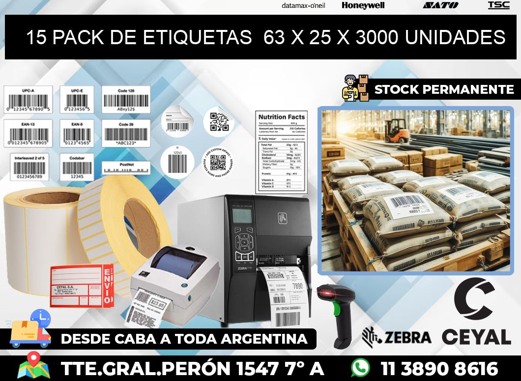 15 PACK DE ETIQUETAS  63 x 25 X 3000 UNIDADES