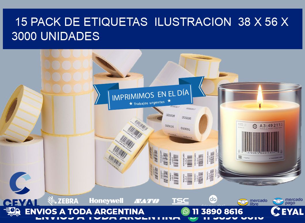 15 PACK DE ETIQUETAS  ILUSTRACION  38 x 56 X 3000 UNIDADES