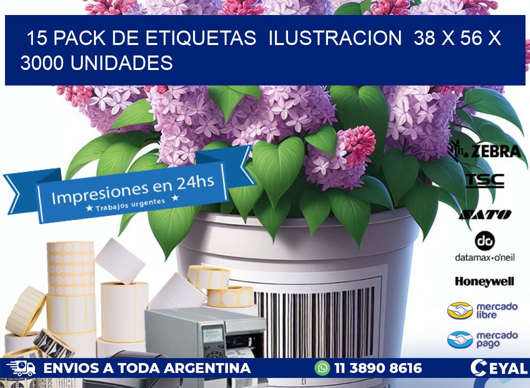 15 PACK DE ETIQUETAS  ILUSTRACION  38 x 56 X 3000 UNIDADES