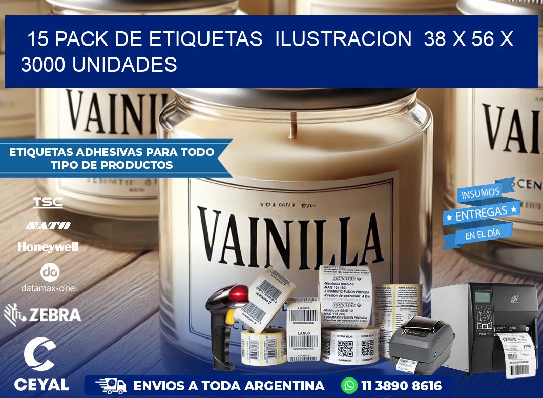 15 PACK DE ETIQUETAS  ILUSTRACION  38 x 56 X 3000 UNIDADES