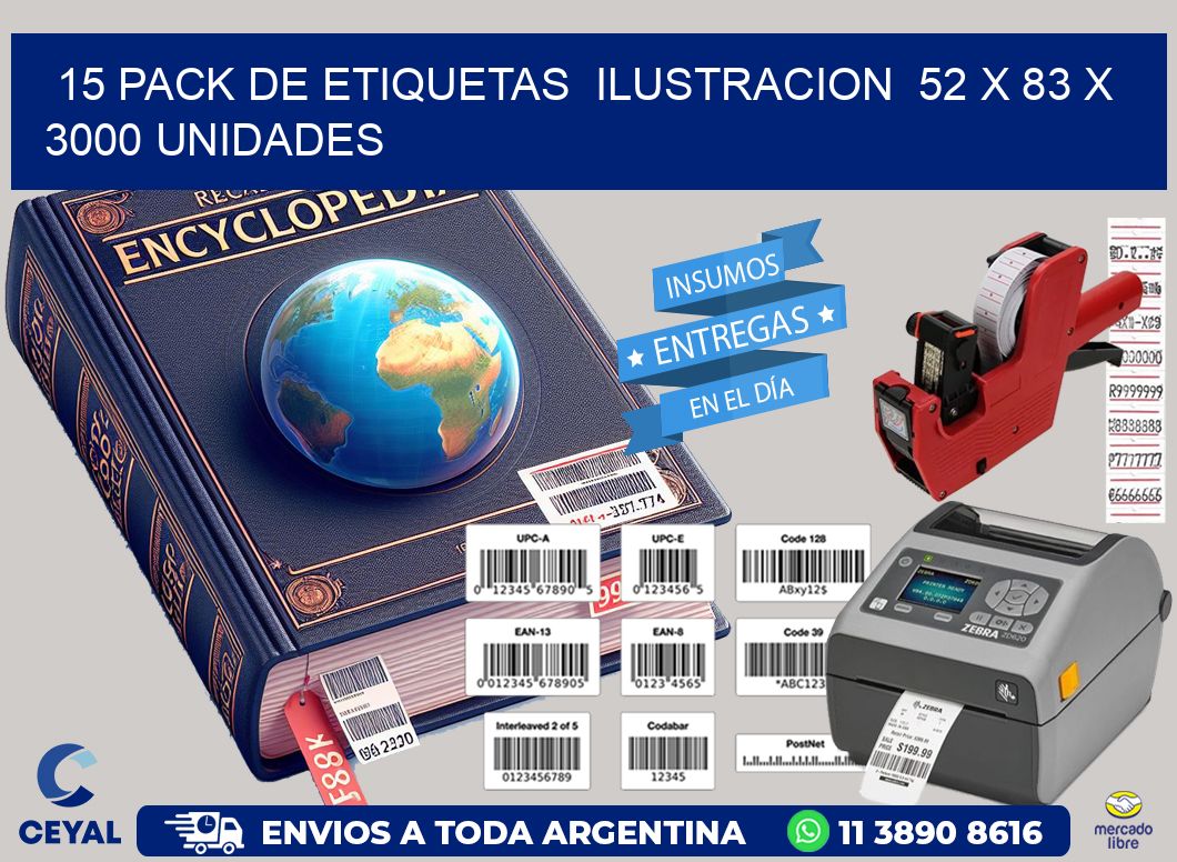 15 PACK DE ETIQUETAS  ILUSTRACION  52 x 83 X 3000 UNIDADES