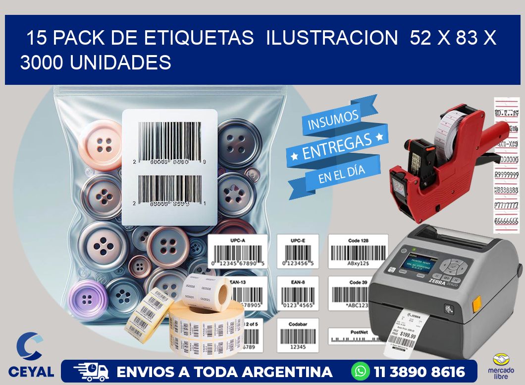 15 PACK DE ETIQUETAS  ILUSTRACION  52 x 83 X 3000 UNIDADES