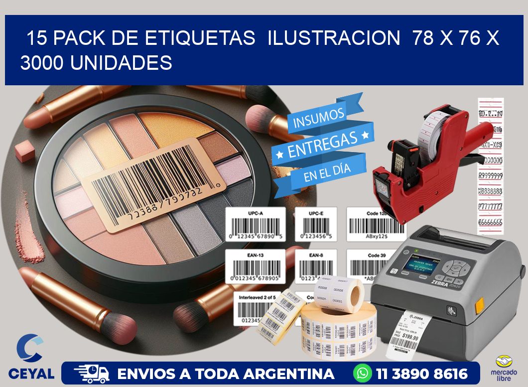 15 PACK DE ETIQUETAS  ILUSTRACION  78 x 76 X 3000 UNIDADES