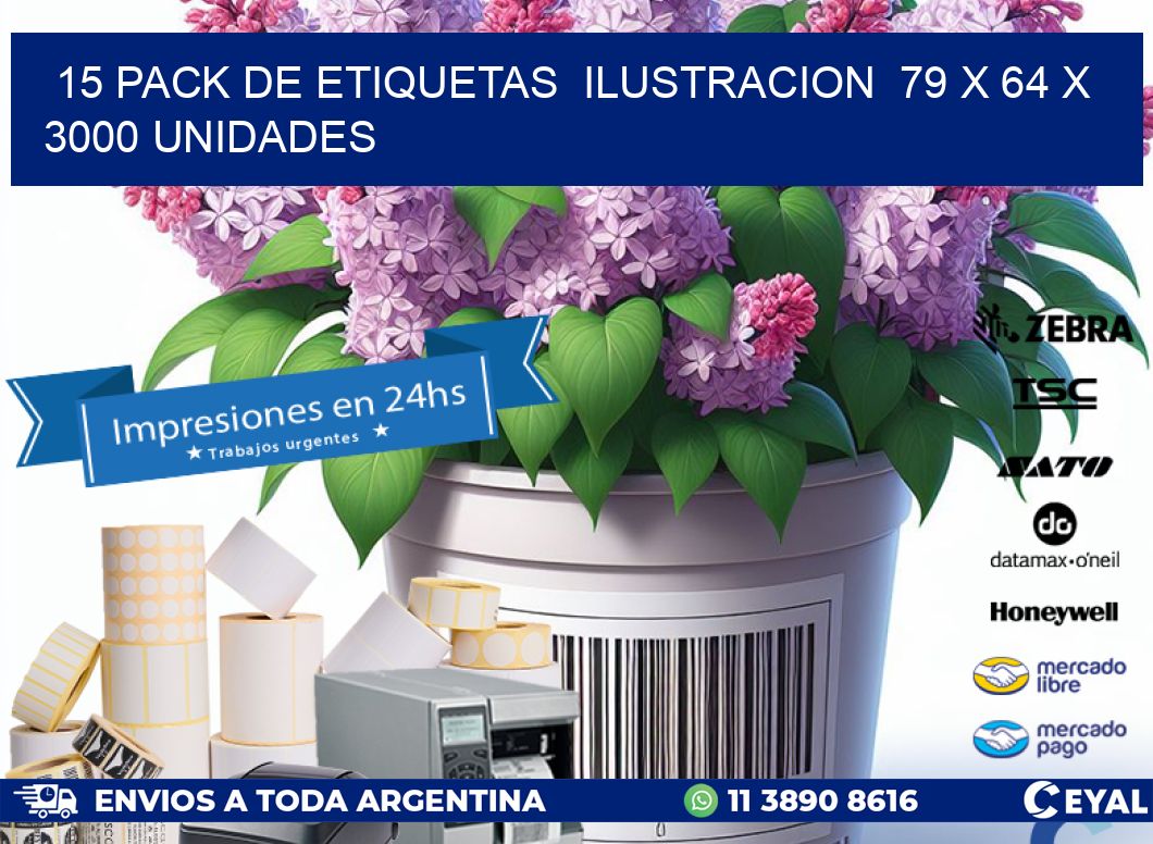 15 PACK DE ETIQUETAS  ILUSTRACION  79 x 64 X 3000 UNIDADES