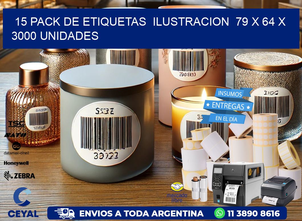 15 PACK DE ETIQUETAS  ILUSTRACION  79 x 64 X 3000 UNIDADES
