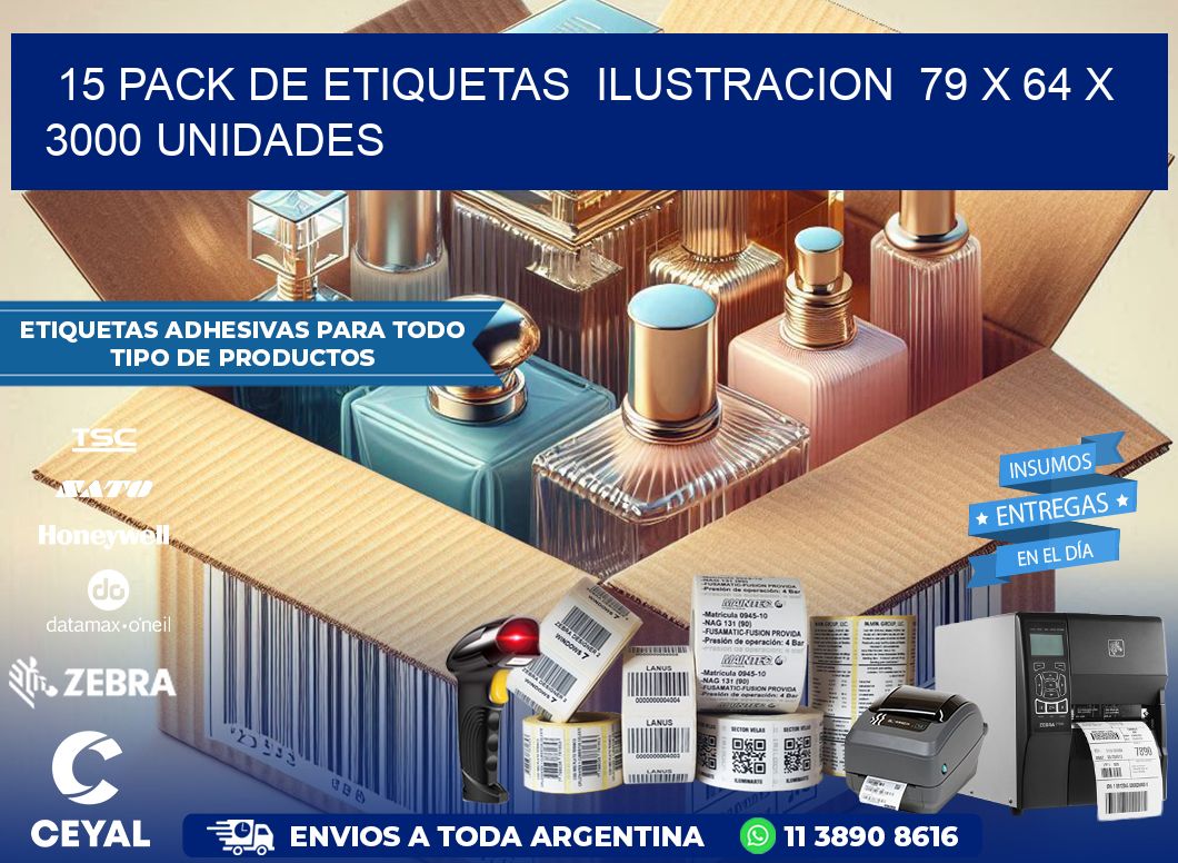 15 PACK DE ETIQUETAS  ILUSTRACION  79 x 64 X 3000 UNIDADES