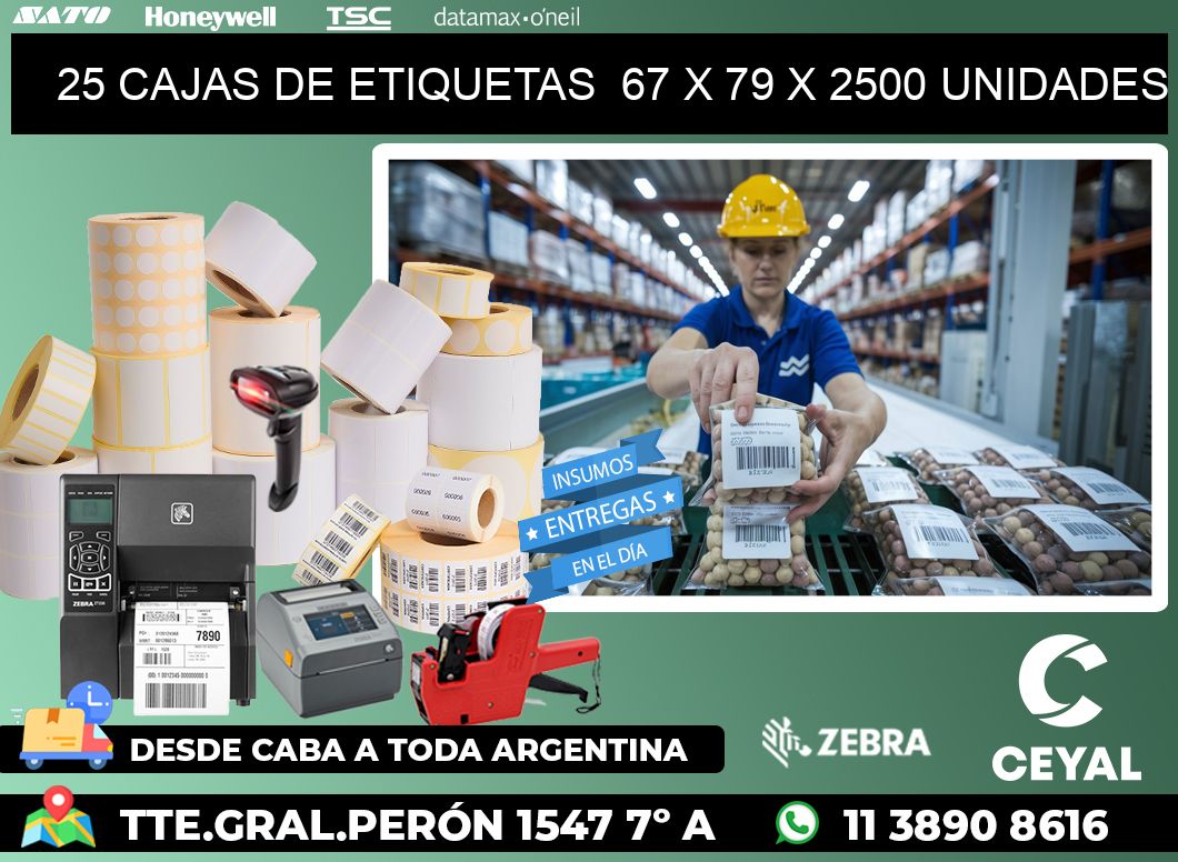 25 CAJAS DE ETIQUETAS  67 x 79 X 2500 UNIDADES