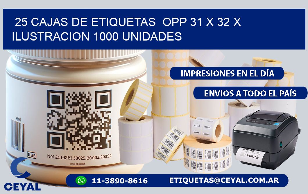 25 CAJAS DE ETIQUETAS  OPP 31 x 32 X ILUSTRACION 1000 UNIDADES