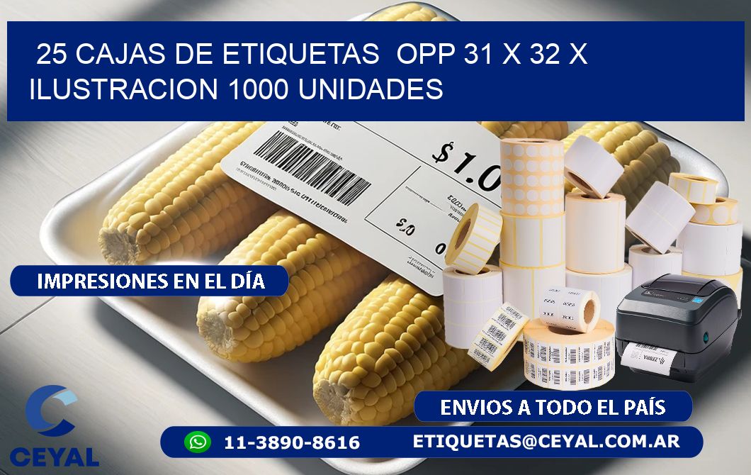 25 CAJAS DE ETIQUETAS  OPP 31 x 32 X ILUSTRACION 1000 UNIDADES