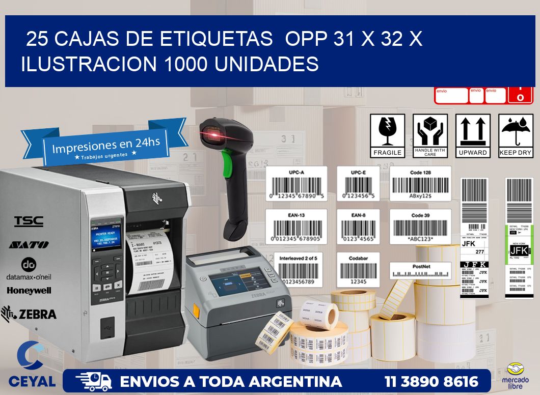 25 CAJAS DE ETIQUETAS  OPP 31 x 32 X ILUSTRACION 1000 UNIDADES