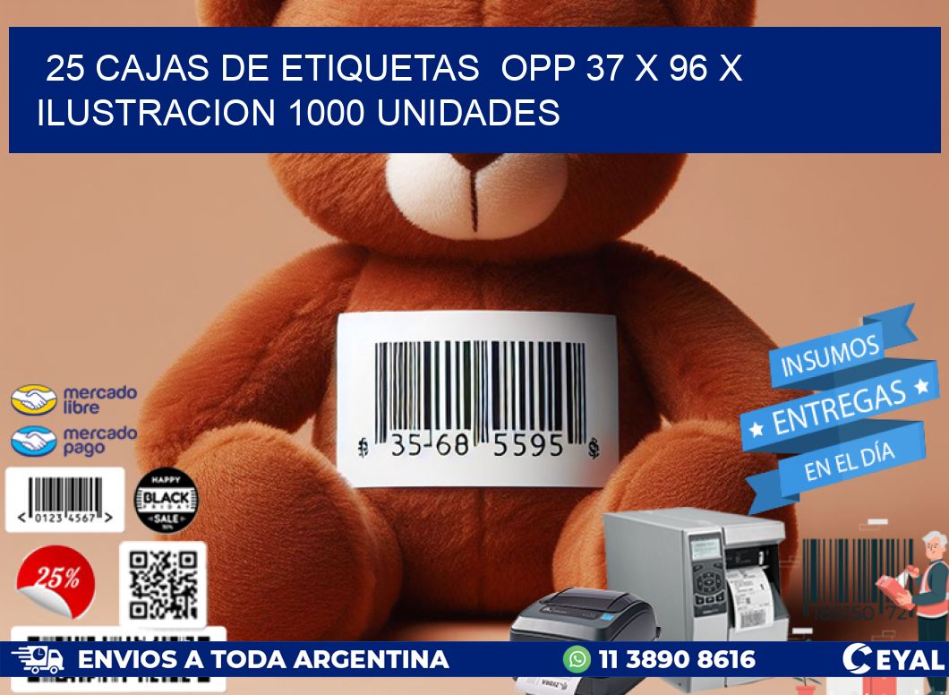 25 CAJAS DE ETIQUETAS  OPP 37 x 96 X ILUSTRACION 1000 UNIDADES