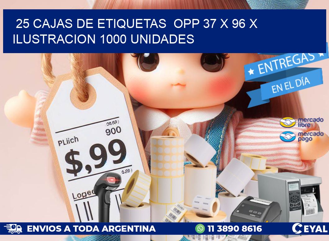 25 CAJAS DE ETIQUETAS  OPP 37 x 96 X ILUSTRACION 1000 UNIDADES