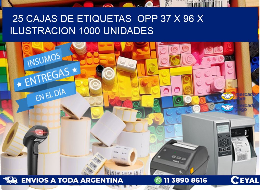 25 CAJAS DE ETIQUETAS  OPP 37 x 96 X ILUSTRACION 1000 UNIDADES