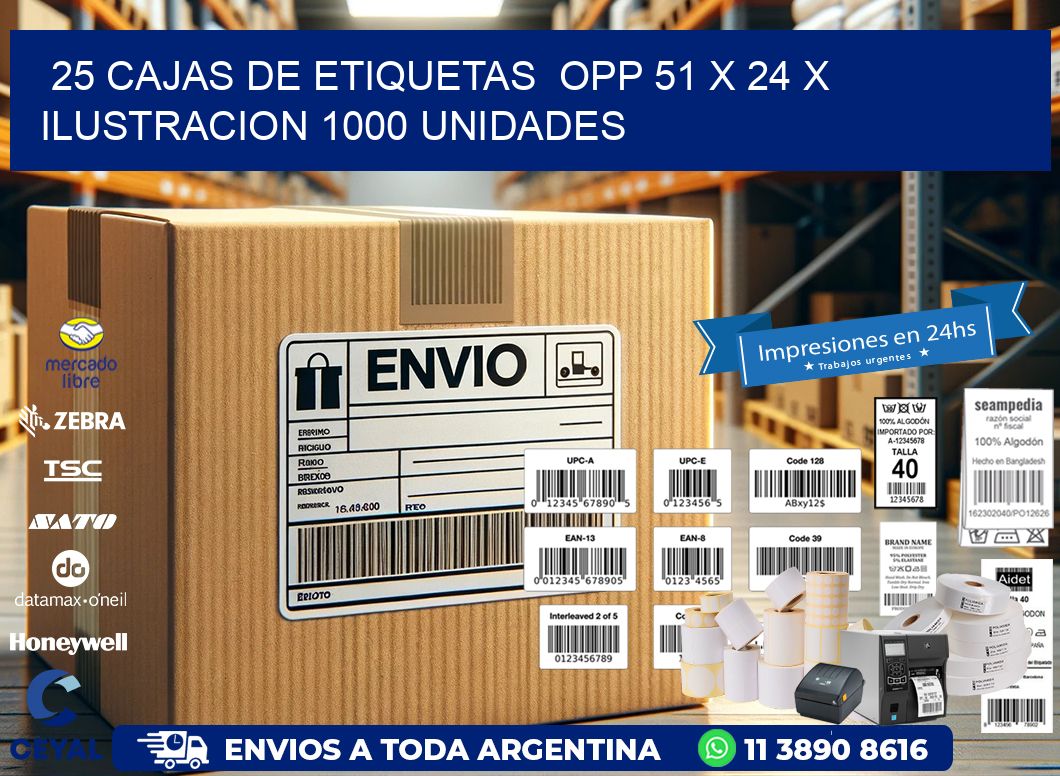 25 CAJAS DE ETIQUETAS  OPP 51 x 24 X ILUSTRACION 1000 UNIDADES