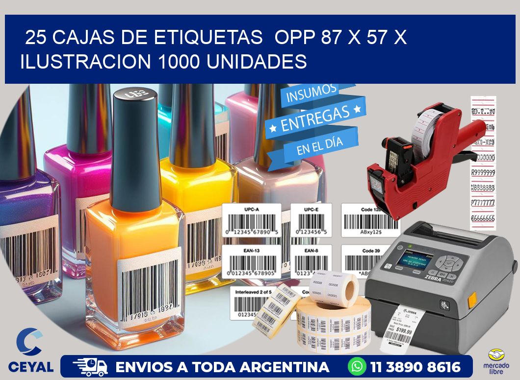 25 CAJAS DE ETIQUETAS  OPP 87 x 57 X ILUSTRACION 1000 UNIDADES