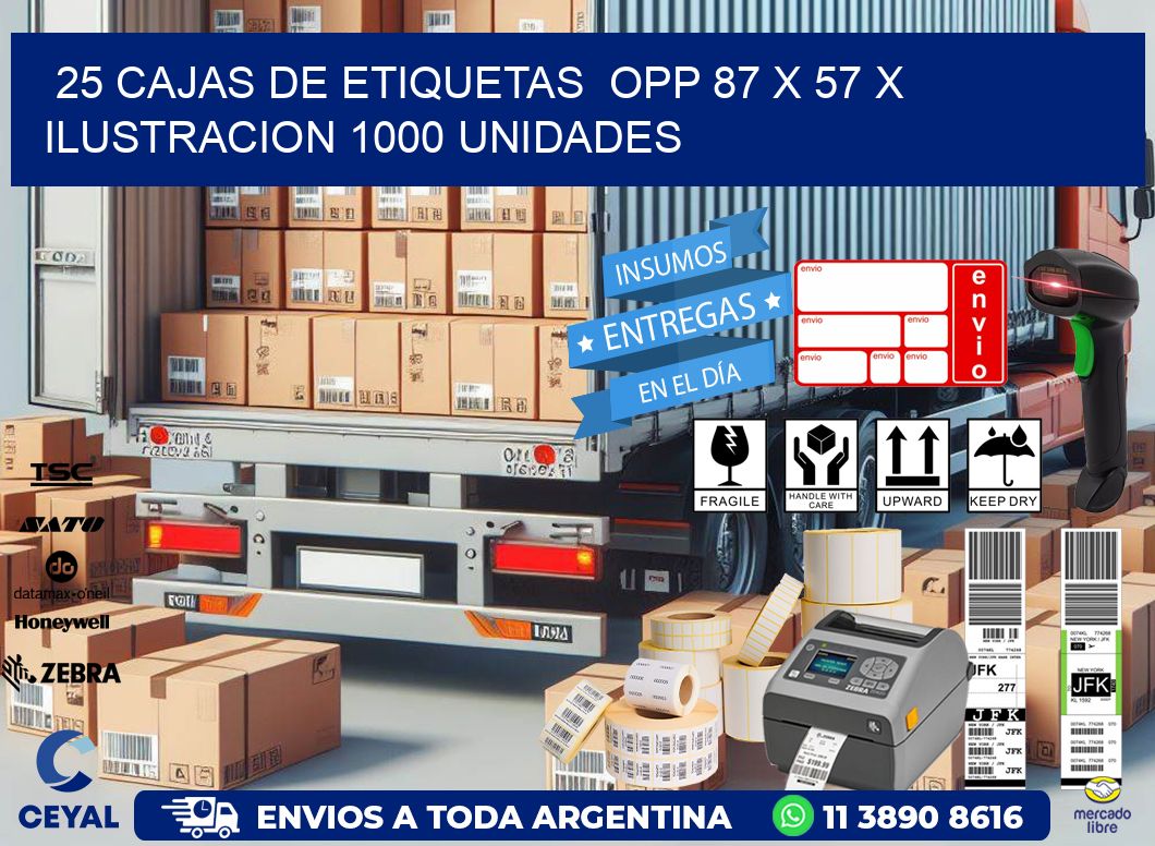 25 CAJAS DE ETIQUETAS  OPP 87 x 57 X ILUSTRACION 1000 UNIDADES