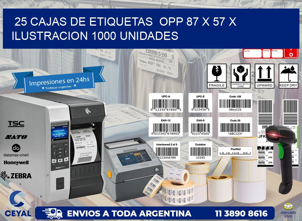 25 CAJAS DE ETIQUETAS  OPP 87 x 57 X ILUSTRACION 1000 UNIDADES