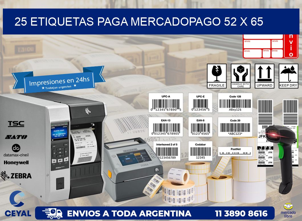 25 ETIQUETAS PAGA MERCADOPAGO 52 x 65