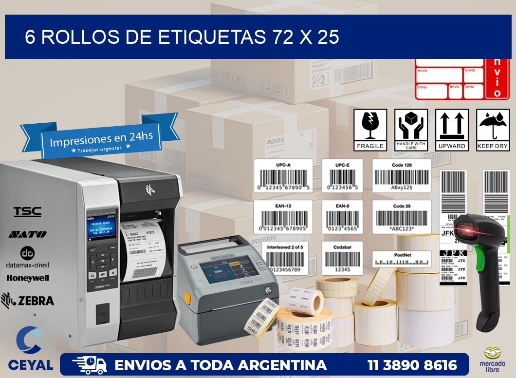 6 ROLLOS DE ETIQUETAS 72 x 25