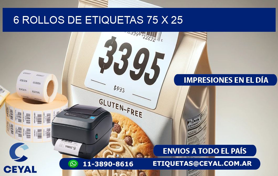 6 ROLLOS DE ETIQUETAS 75 x 25