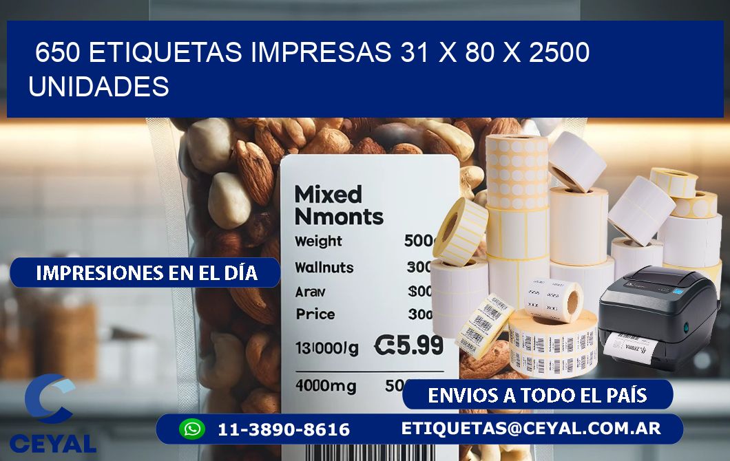 650 ETIQUETAS IMPRESAS 31 x 80 X 2500 UNIDADES