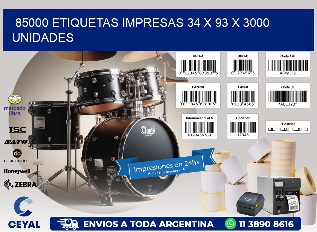 85000 ETIQUETAS IMPRESAS 34 x 93 X 3000 UNIDADES