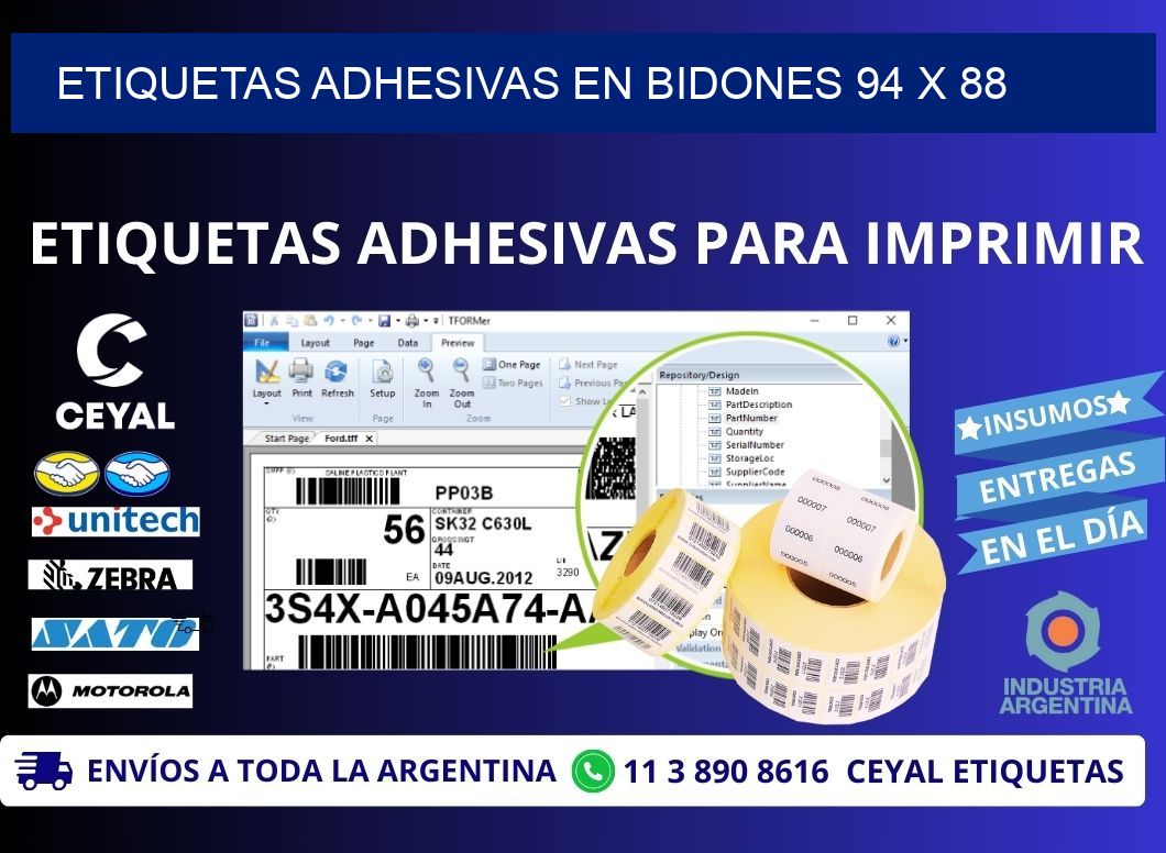 ETIQUETAS ADHESIVAS EN BIDONES 94 x 88