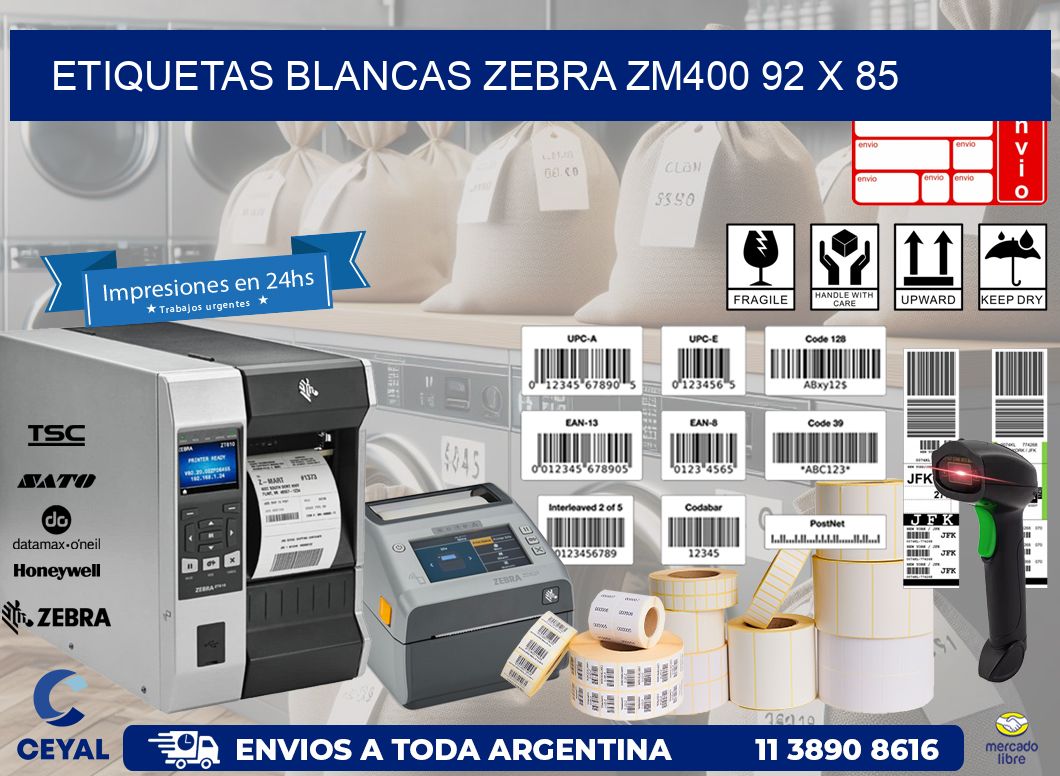 ETIQUETAS BLANCAS ZEBRA ZM400 92 x 85