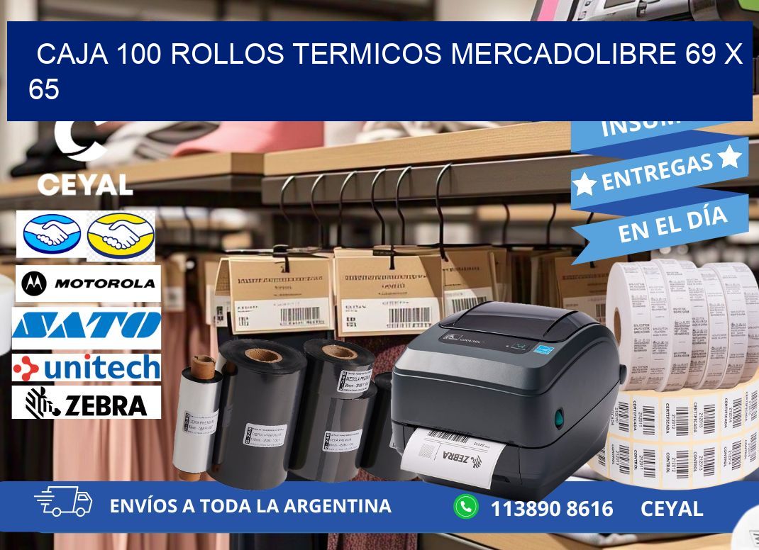 CAJA 100 ROLLOS TERMICOS MERCADOLIBRE 69 x 65