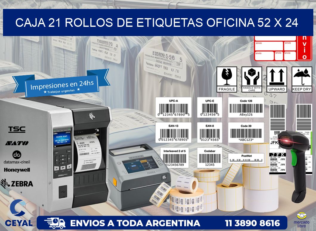 CAJA 21 ROLLOS DE ETIQUETAS OFICINA 52 x 24